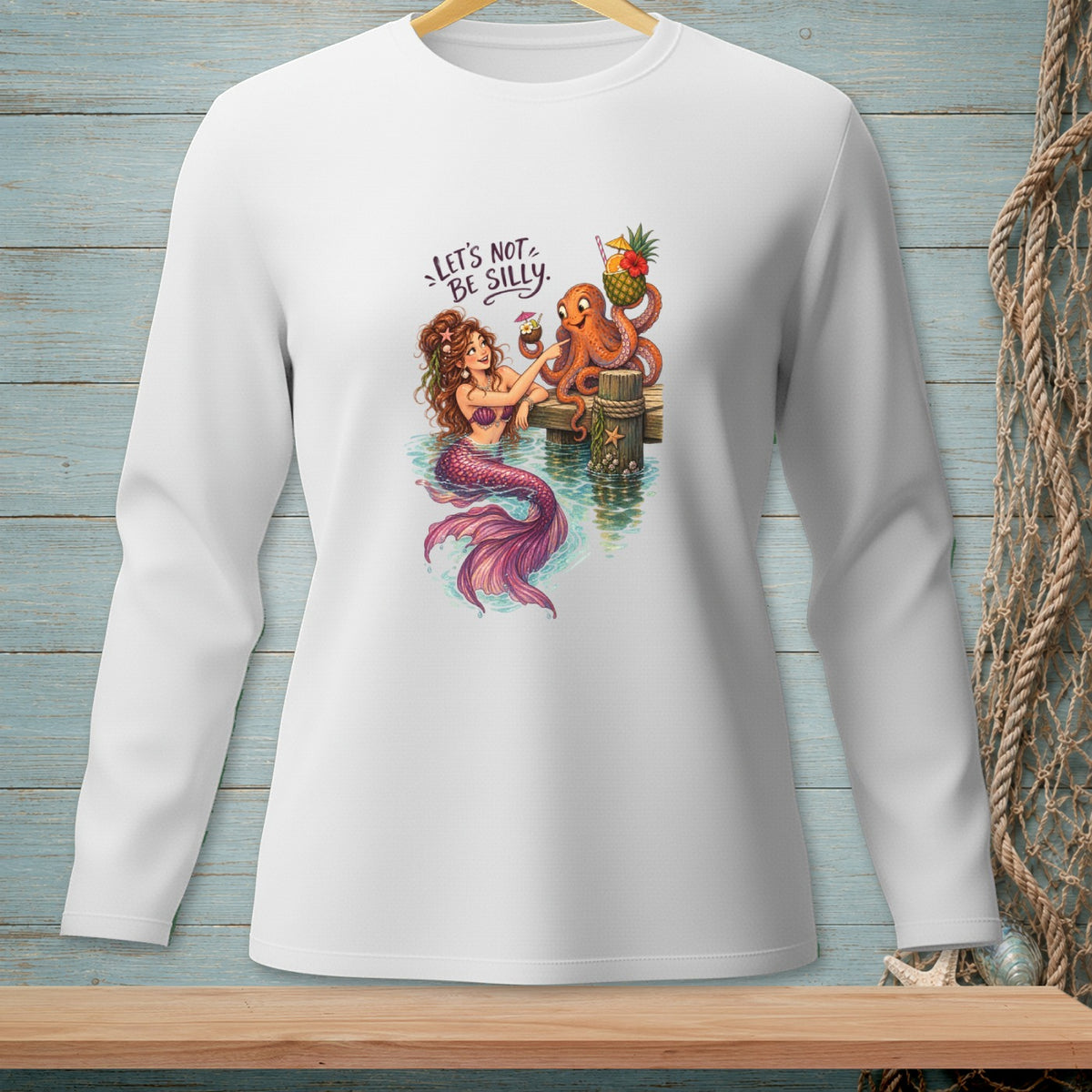 Mermaid and octopus holding drinks, with text "Let's not be silly".