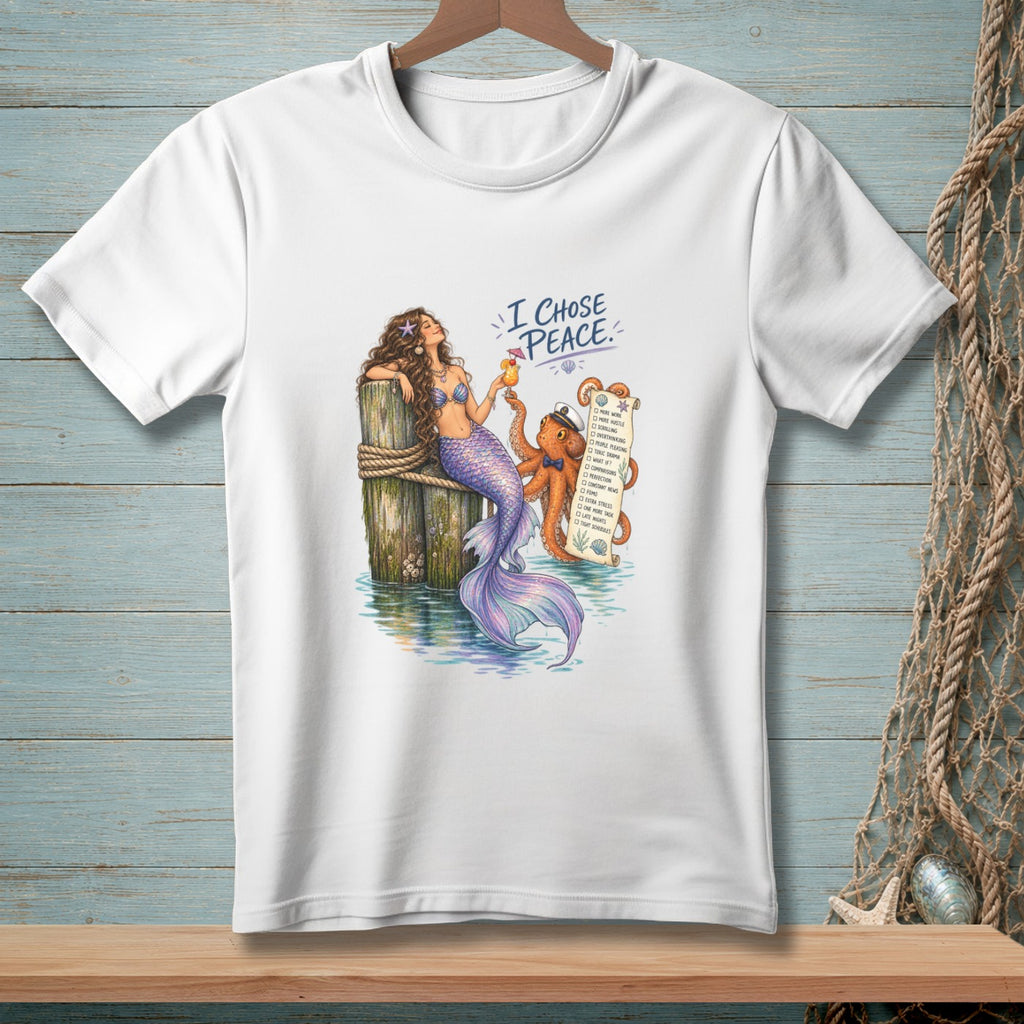 Mermaid and octopus next to list titled "I Chose Peace" on white t-shirt.