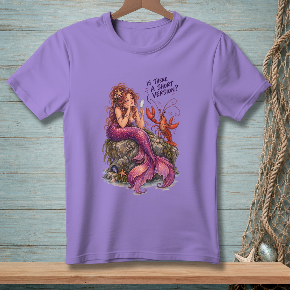 Mermaid with lobster and text "Is there a short version?" on purple shirt.