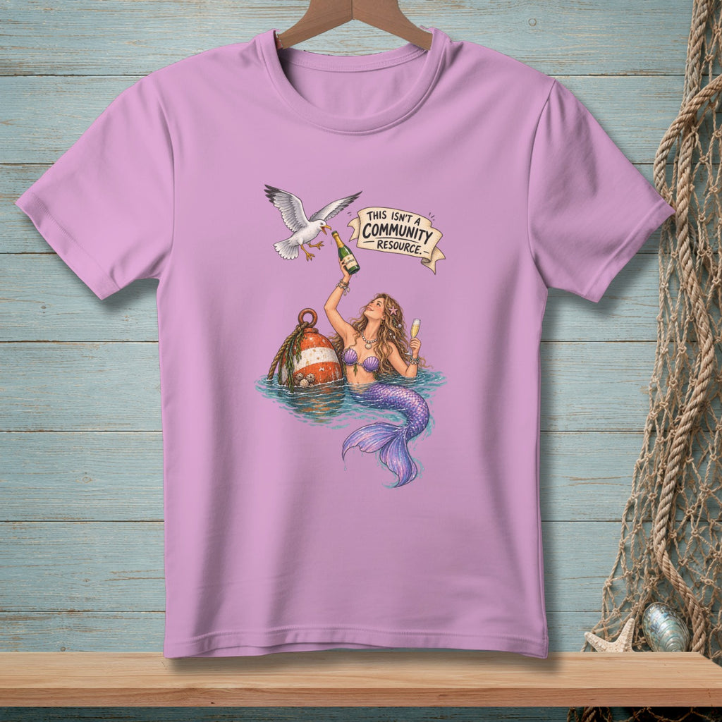 Mermaid with champagne pops bottle for seagull, with text "This Isn't a Community Resource".