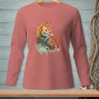 Mermaid and lobster design on a long-sleeve coral shirt.