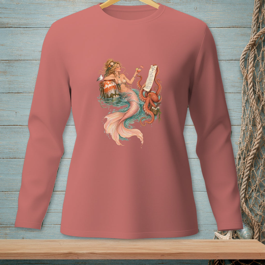 Mermaid with octopus and list, holding a drink, on a coral shirt.