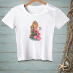 White t-shirt with graphic of mermaid on pier, text "Stay Mad".
