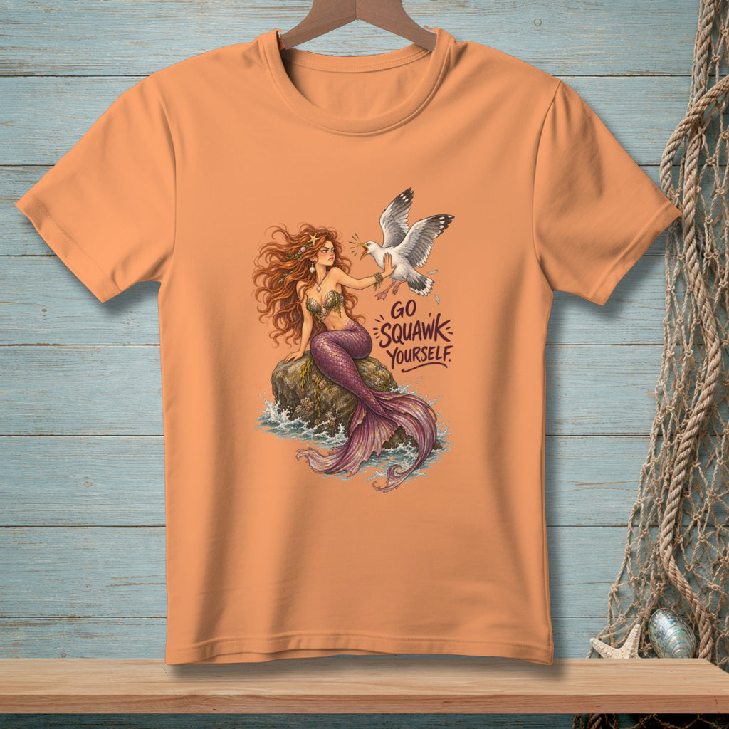 Peach t-shirt with a mermaid and seagull design, reading "Go Squawk Yourself."