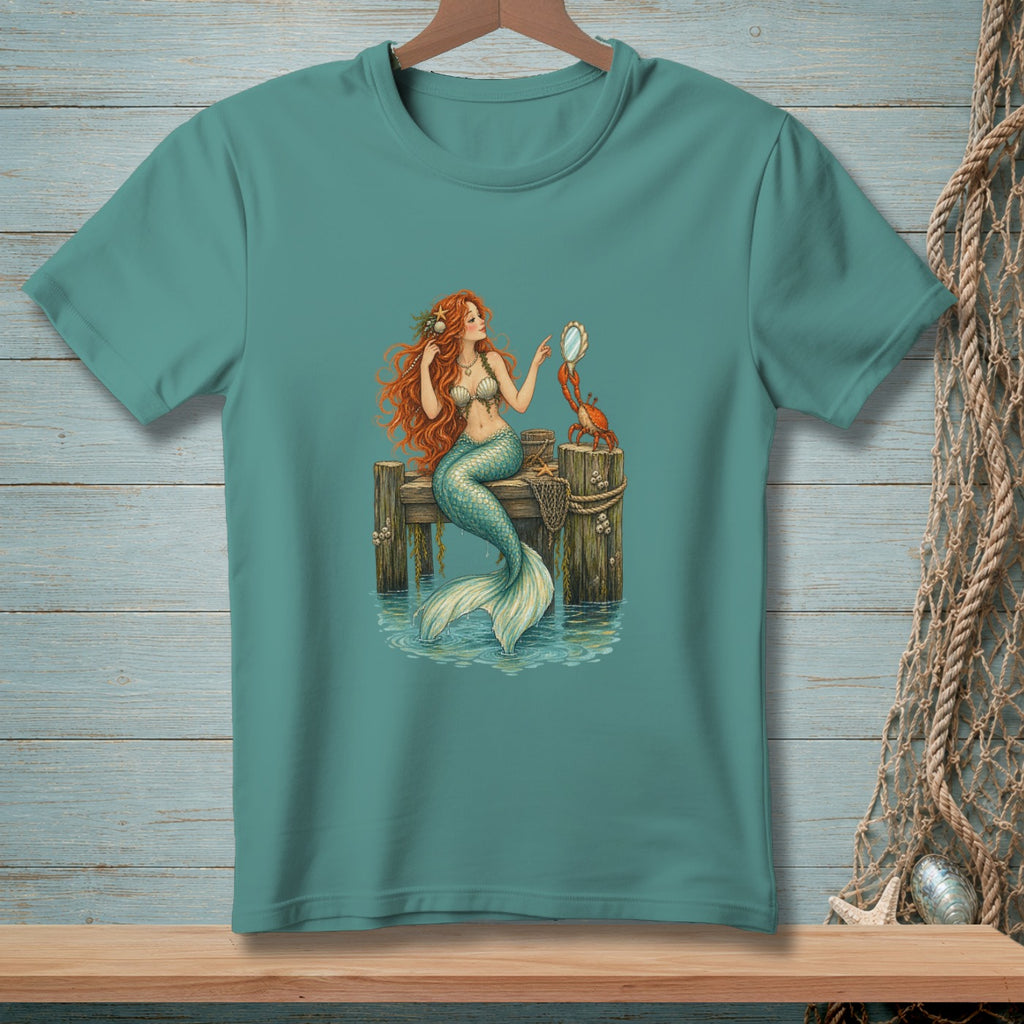 Mermaid with red hair and blue tail sitting on a dock holding a mirror with a crab.