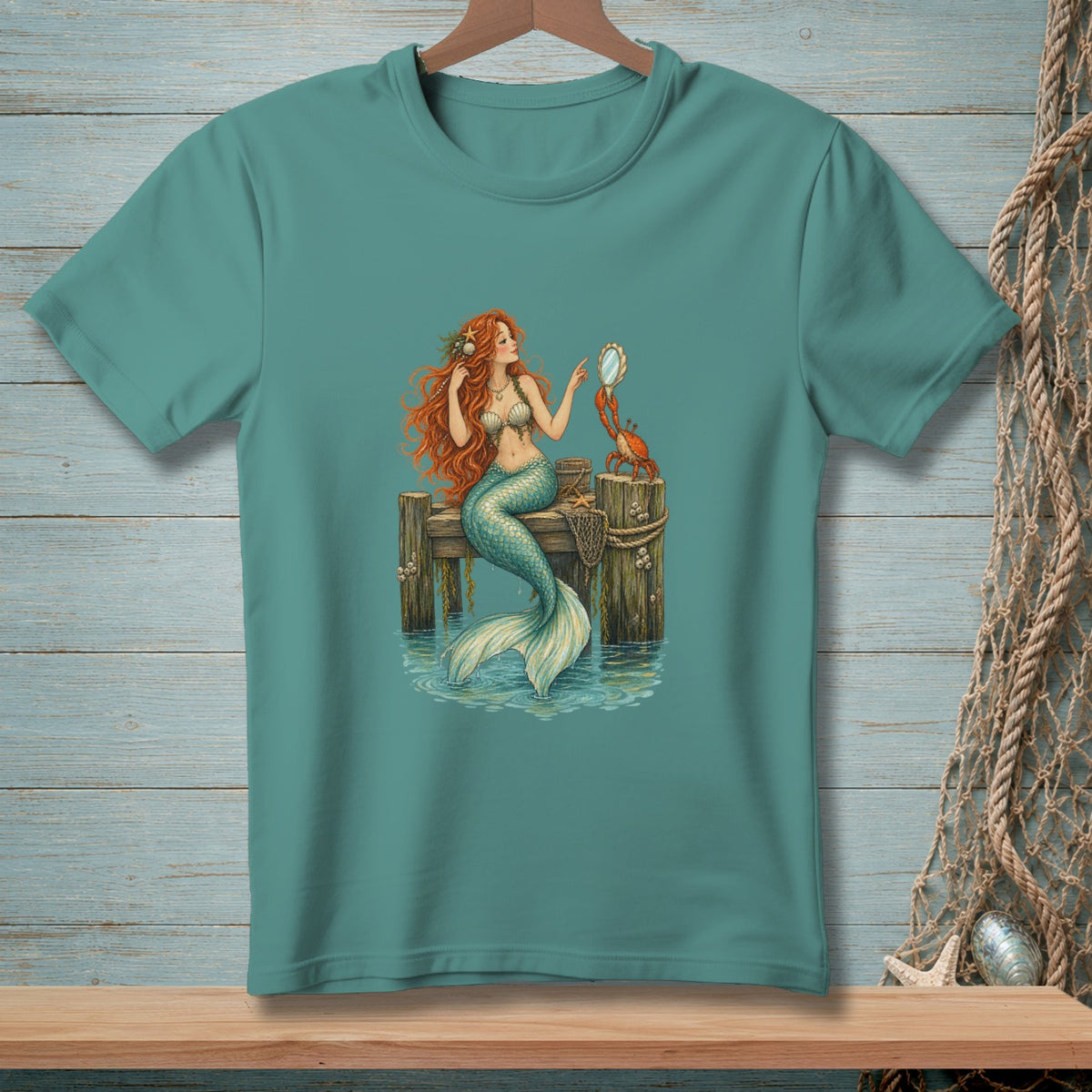 Mermaid with red hair and blue tail sitting on a dock holding a mirror with a crab.