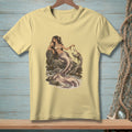 Mermaid sitting on rocks near the water, holding a necklace with a crab.