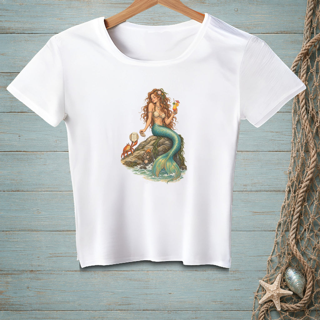 White t-shirt with a watercolor-style mermaid holding a drink on a rock.