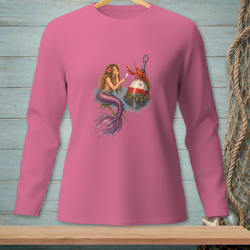 Mermaid and lobster by a buoy on a pink long-sleeve shirt.
