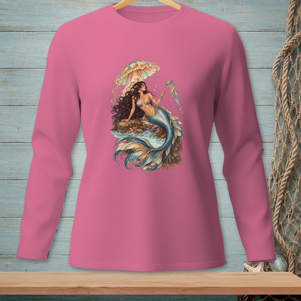 Pink long-sleeve shirt featuring a mermaid with a jellyfish umbrella and ocean life.