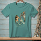 Mermaid by ladder with crab in captain's hat and "Proper Footwear Required" sign.