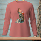 Mermaid with lobster and pearl on wooden post design on a coral long-sleeved shirt.