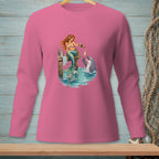 Pink long-sleeve shirt with a mermaid pouring champagne for a dolphin.