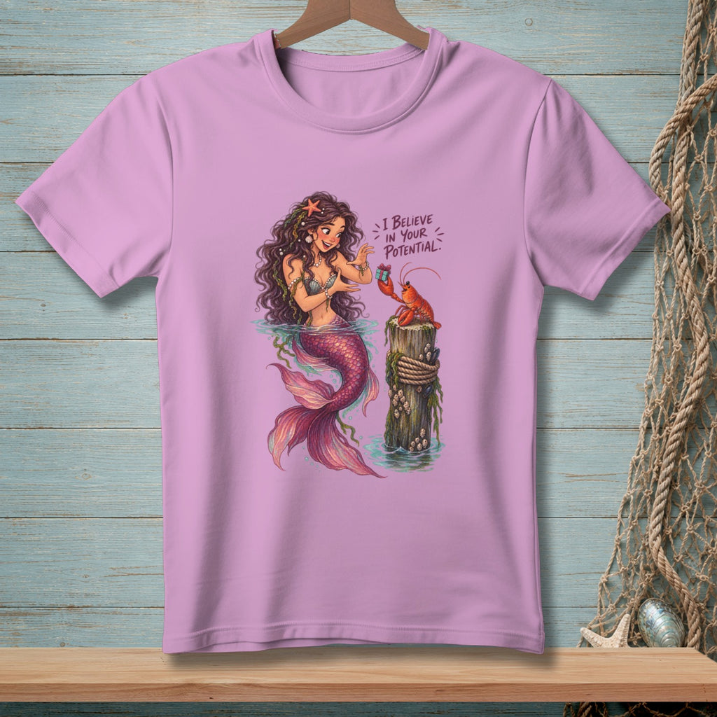 Mermaid holding gift to lobster on post, text "I believe in your potential."