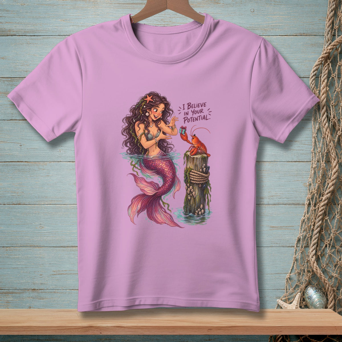 Mermaid holding gift to lobster on post, text "I believe in your potential."