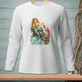 White long-sleeve shirt with a graphic of a mermaid interacting with a lobster on rocks.