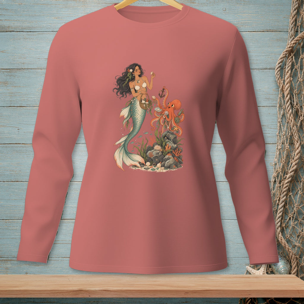 Long sleeve coral t-shirt with a mermaid and octopus graphic.