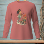 Long sleeve coral t-shirt with a mermaid and octopus graphic.