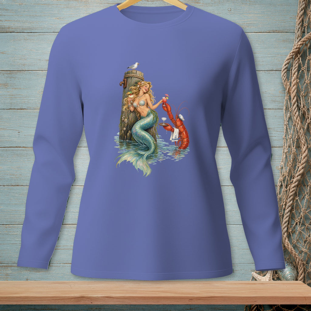 Mermaid holding a drink by a pier with a lobster waiter and a seagull.