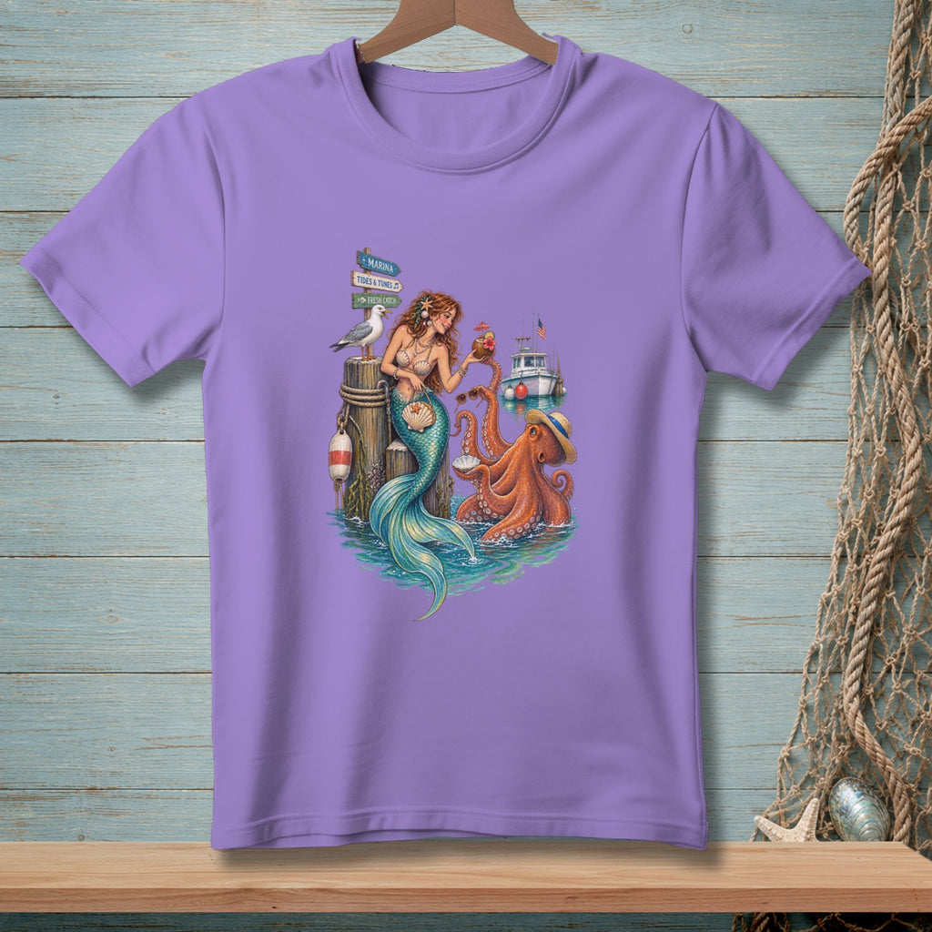 Mermaid and octopus on dock with boat and signs: Marina, Tides & Tunes, Fresh Catch.