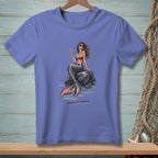 Purple t-shirt with illustration of a mermaid sitting on a rock holding a cocktail.
