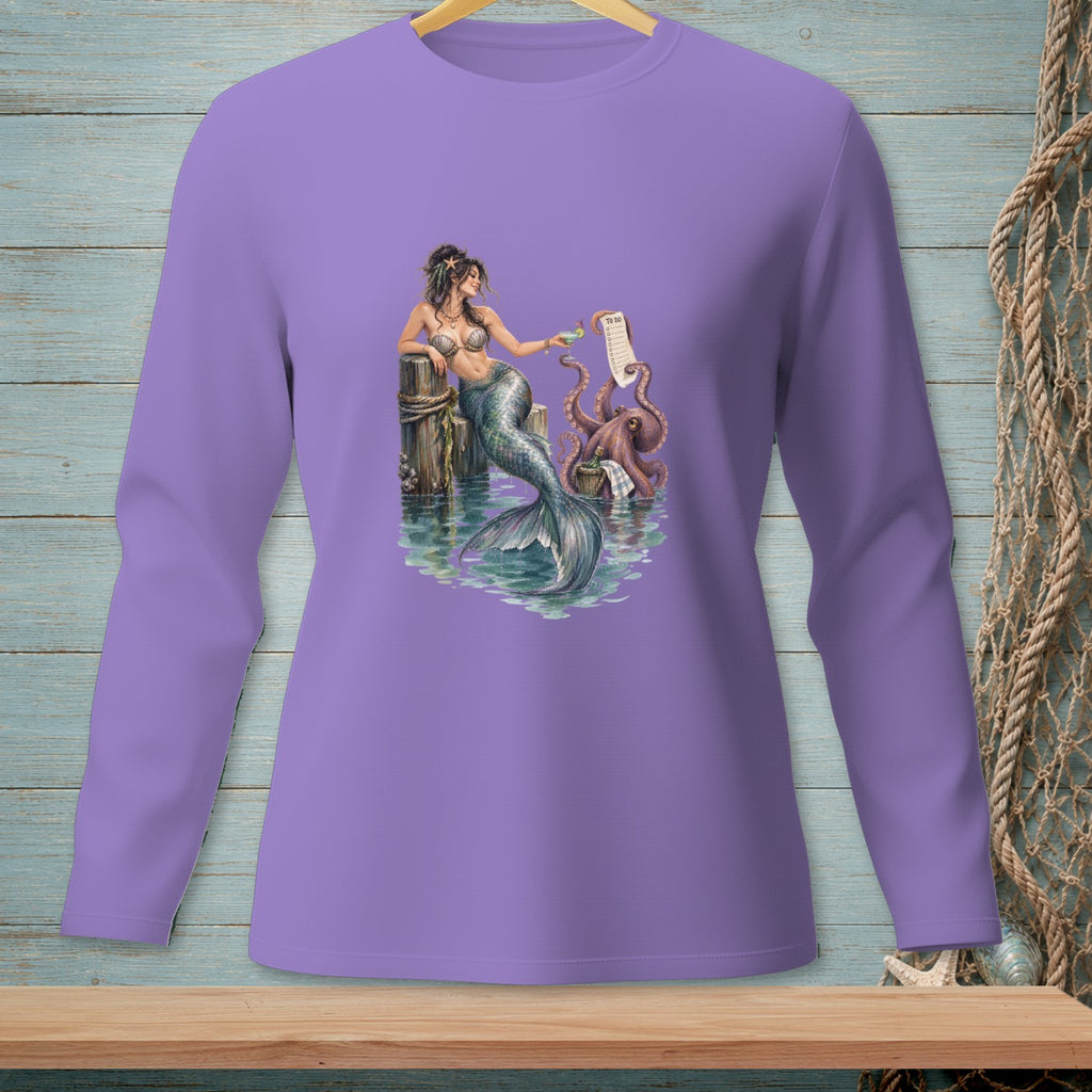 Mermaid with octopus on dock holds drink and a "To Do" list.