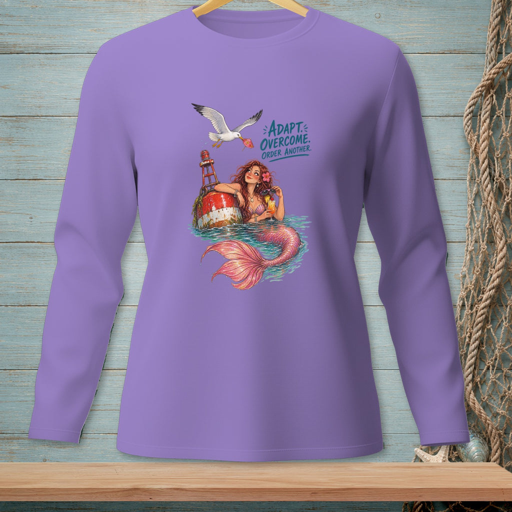 Purple long sleeve shirt with mermaid, buoy, and seagull graphic. "ADAPT. OVERCOME. ORDER ANOTHER." text.