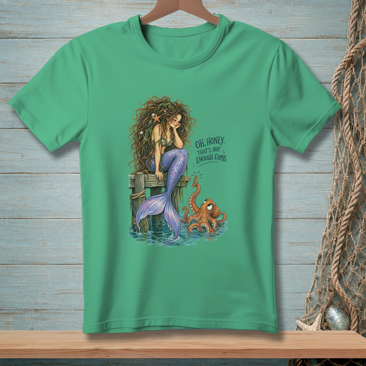 Mermaid with long hair and octopus on dock, text "Oh, honey. That's not enough comb."