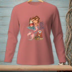 Pink long-sleeve shirt with a mermaid, crab, and text "Don't start what you can't finish. Pinch me."