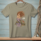 Illustration of a mermaid with long red hair on a rock, with a crab and text bubble saying "That's cute."