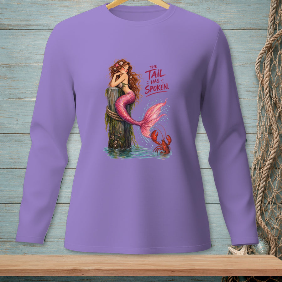 Purple long sleeve shirt with a mermaid sitting on a post and a lobster.