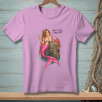 Mermaid with pink tail holding drink and lobster, text "That's nice. What else?".