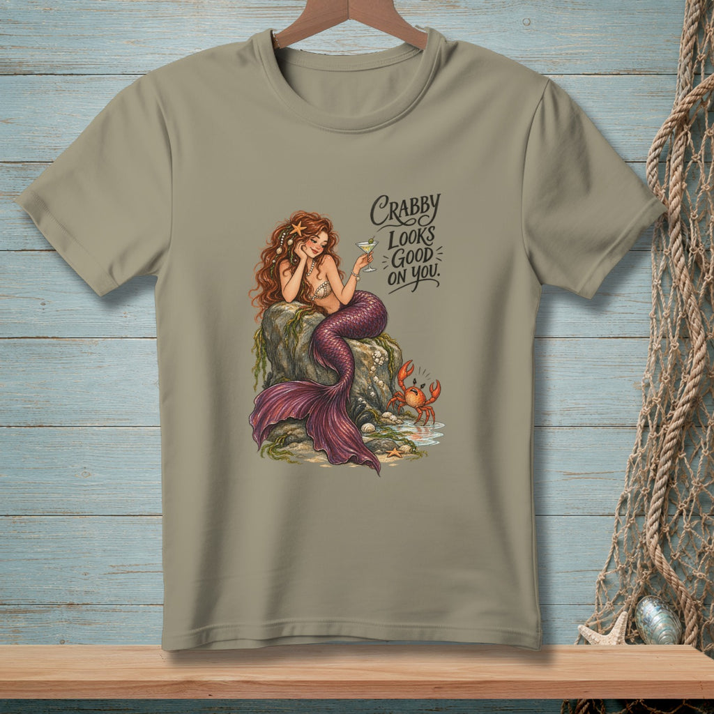 Mermaid with martini glass and crab, text reads "Crabby Looks Good On You."