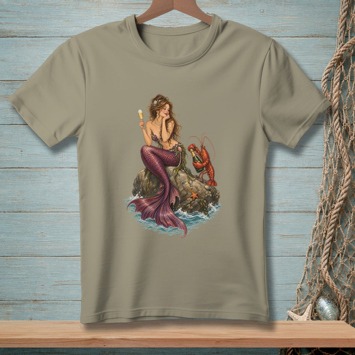 Mermaid with champagne and lobster on a rock by the sea.