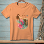 Mermaid fishing from a dock with a person holding a fishing rod.