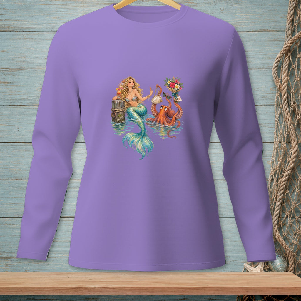 Mermaid and octopus illustration on a purple long-sleeve shirt.