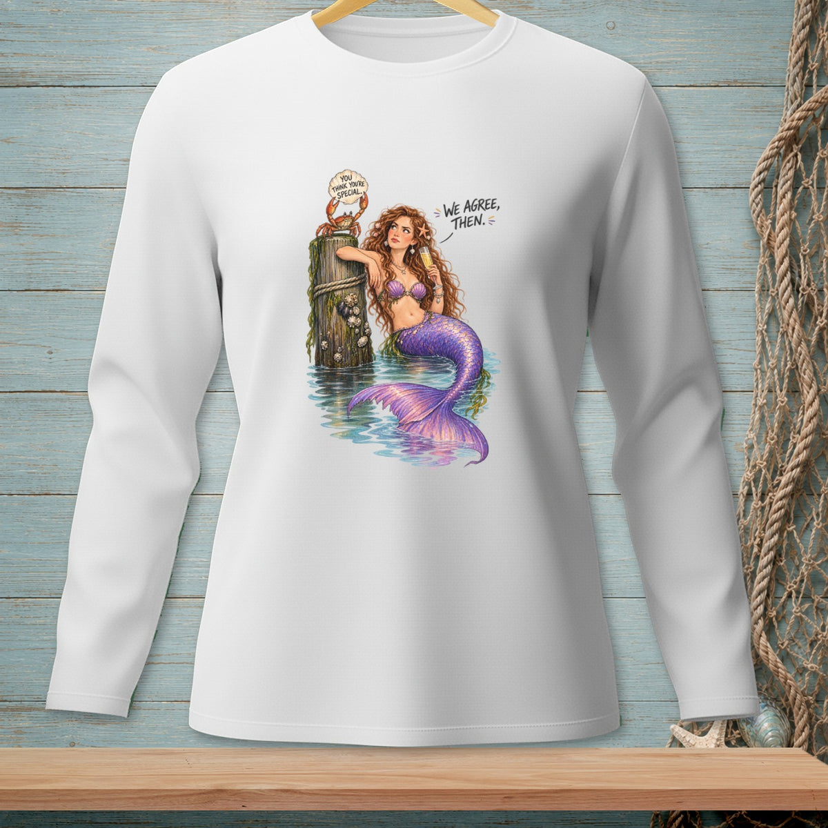 Mermaid and crab on a barnacle-covered post with text "We agree, then."