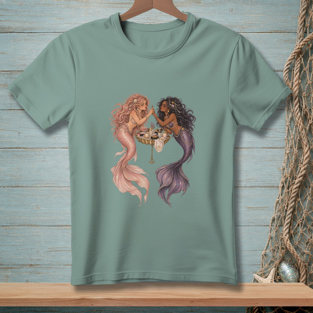 Two mermaids, one with pink tail and one with purple, applying makeup.
