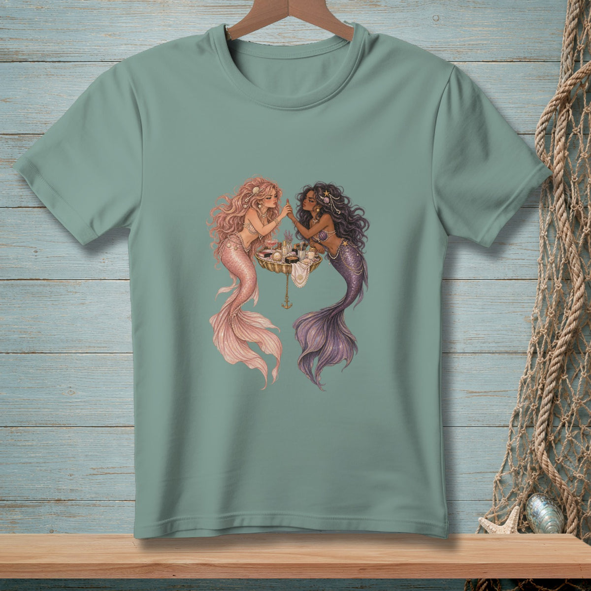 Two mermaids, one with pink tail and one with purple, applying makeup.