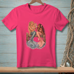 Two mermaids sit on a dock with tails in water, one holds a shell mirror.