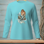 Long-sleeve turquoise shirt featuring a graphic of a mermaid and seagull on a rock.