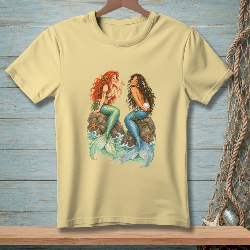 Pale yellow t-shirt with two illustrated mermaids sitting on rocks, holding a pearl.