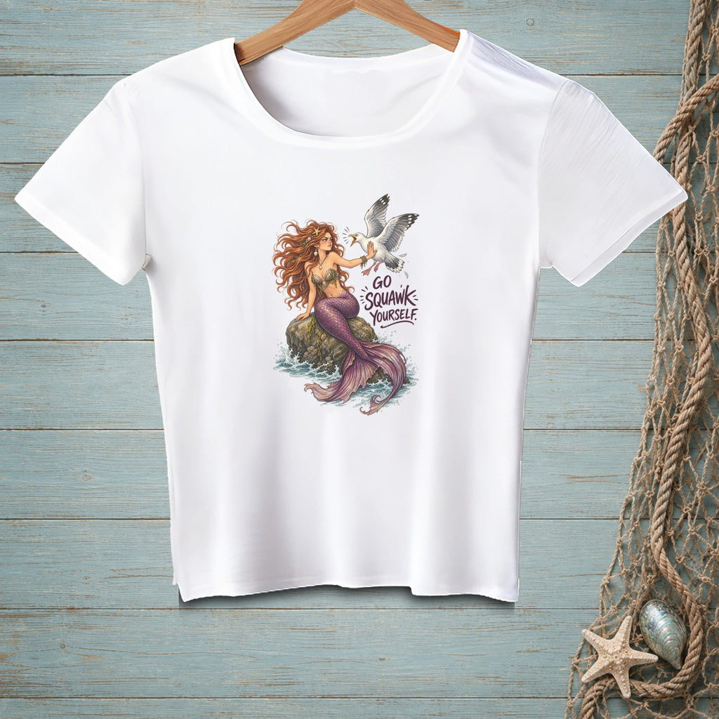 White t-shirt with illustration of a mermaid and a seagull with text "GO SQUAWK YOURSELF".