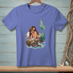 Mermaid with a seagull and a plate of food on a rock.