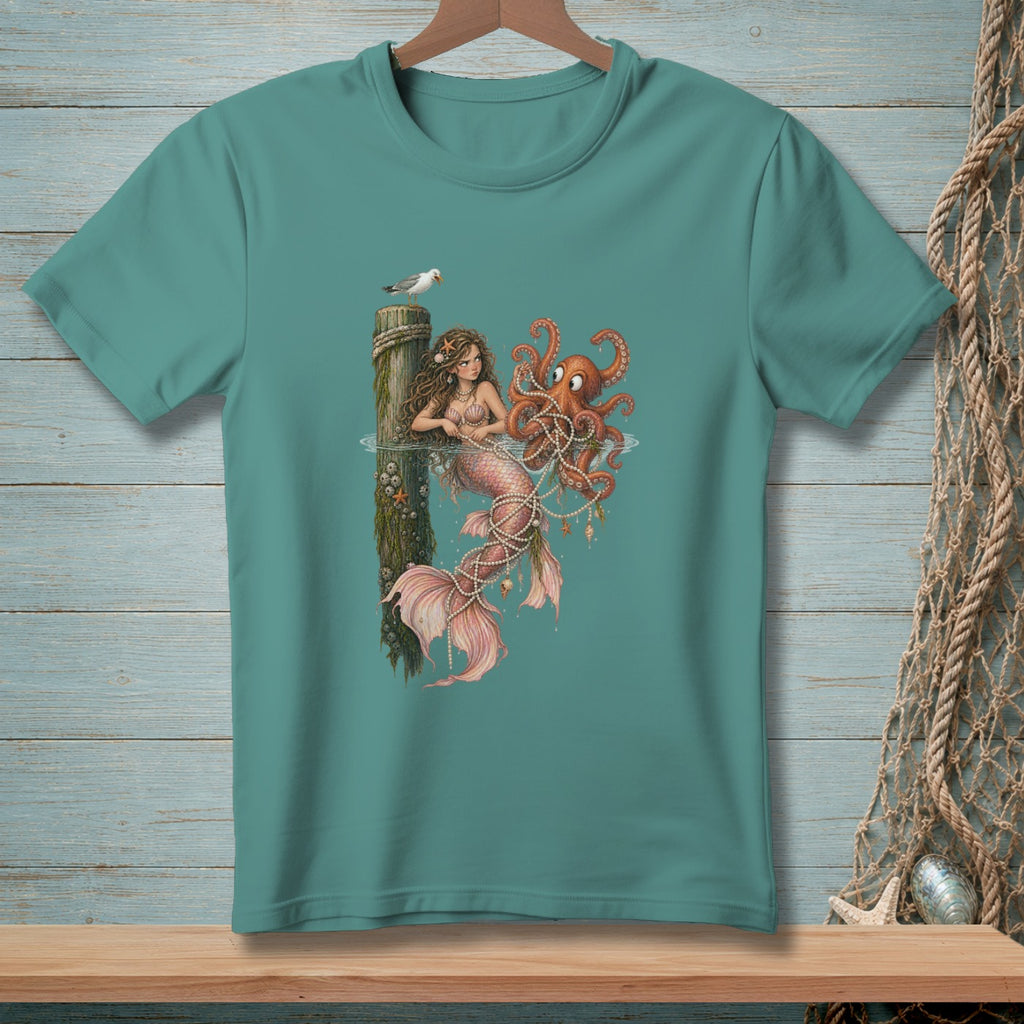 Mermaid entwined with an octopus and pearls on a pier post with a seagull.