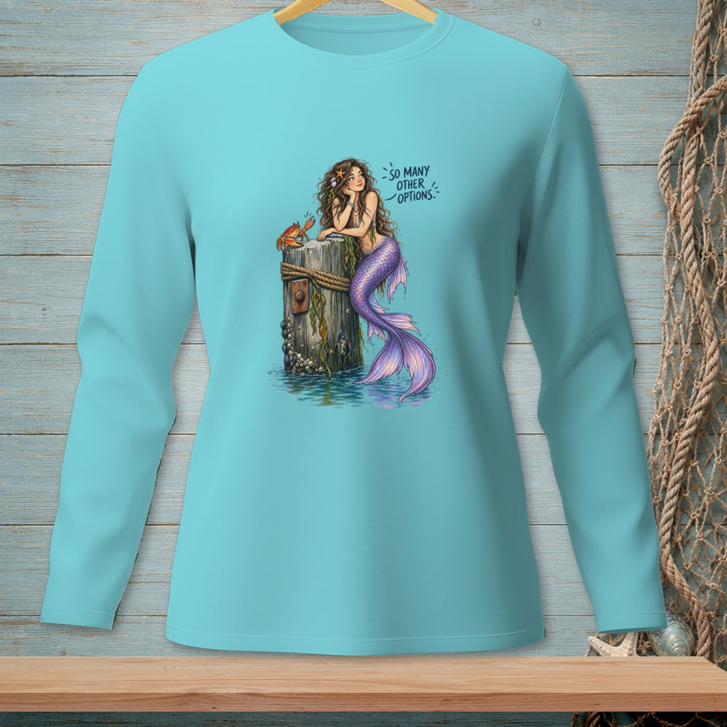 Mermaid with crab on pier, saying "So Many Other Options."