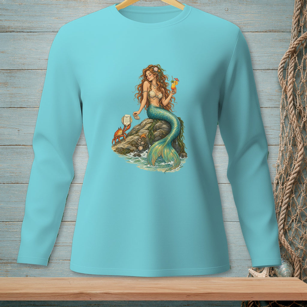 Mermaid with drink on rock with crab reading note and ocean waves.
