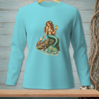 Mermaid with drink on rock with crab reading note and ocean waves.