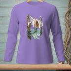 Mermaid hangs laundry on a clothesline next to a weathered post in the ocean.