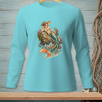 Long-sleeve teal shirt with mermaid graphic on rock, crabs, and sea.